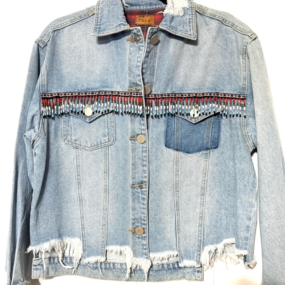 POL NWOT Light Blue Distressed Denim Jacket with Fringe and Bead Accents
